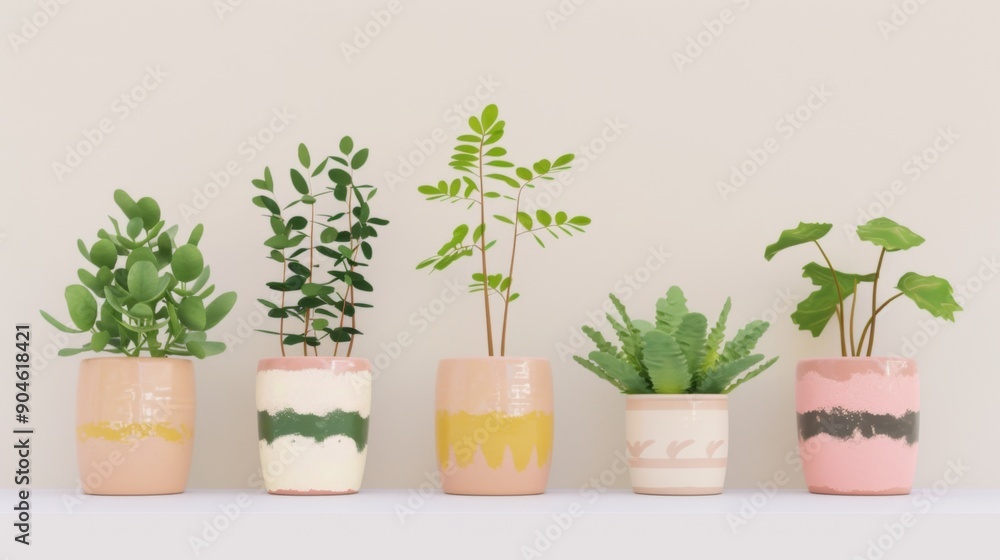 Obraz premium Vibrant Houseplant Display in Elegant Ceramic Pots, Exotic greenery showcased on a pristine white shelf, enhancing minimalist decor with a touch of nature's beauty.