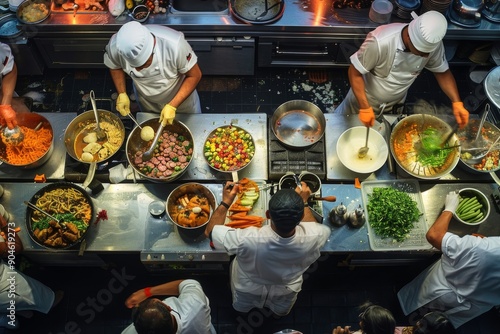 Chefs Preparing Diverse Dishes in a Busy Modern Professional Kitchen photo