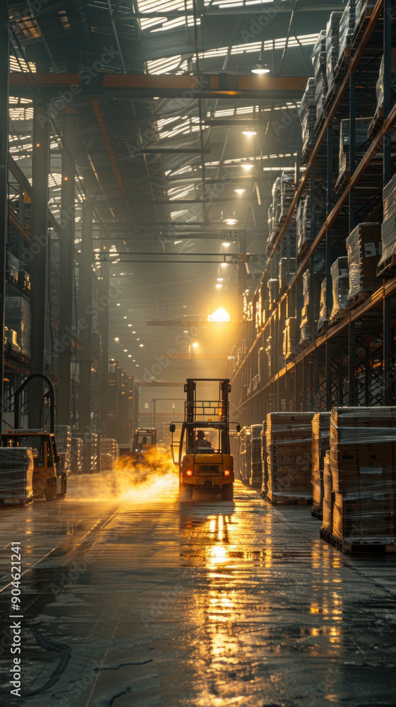 Fototapeta premium Workers using forklifts to move pallets in a large warehouse.