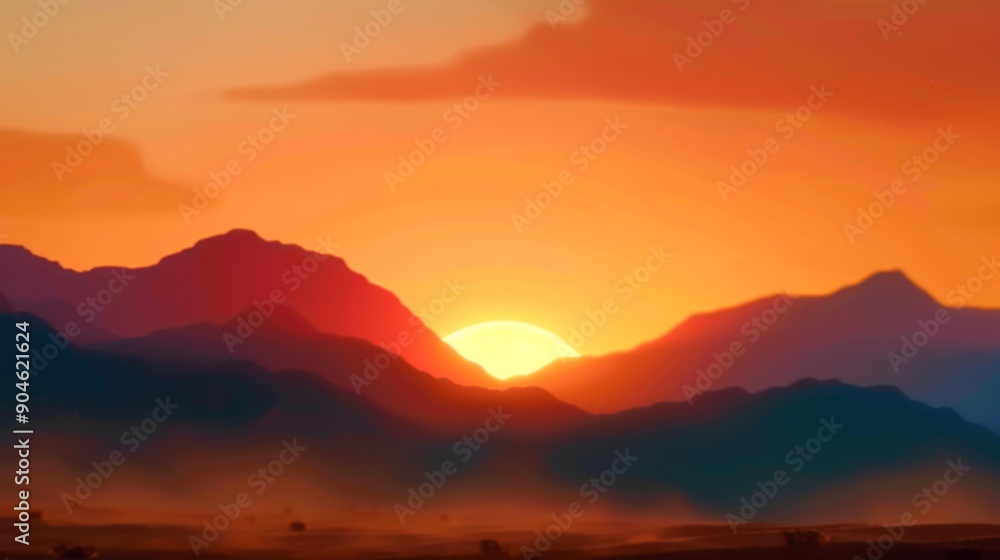 Fototapeta premium Desert Sunset and Mountain Sunrise, a panoramic view of vibrant colors blending in the sky, dust swirling in the air, minimalist landscape creating a serene atmosphere