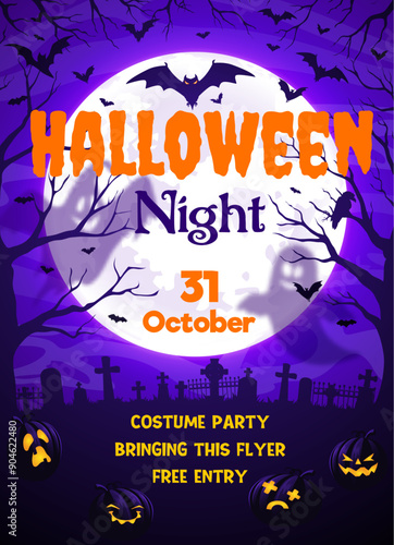 Halloween holiday party flyer with midnight moon and flying cloud of bats, tree branches and eerie pumpkins on cemetery with tombstone crosses. Vector invitation for horror night, or costume party