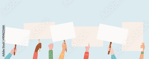 Hands hold blank protest placards, raised high in a demonstration. People united in protest and empowerment, showing support by holding hand with template signs that show their strength and solidarity