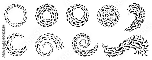 Swirling fish shoals creating dynamic spirals in the ocean. These mesmerizing underwater and marine life schools form elegant frame and border for aquatic graphic or logo design.