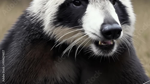 Close-up portrait of a giant panda's face. Striking black and white fur contrasts sharply. Intelligent eyes gaze intently, capturing the panda's expressive nature and gentle demeanor.	 photo