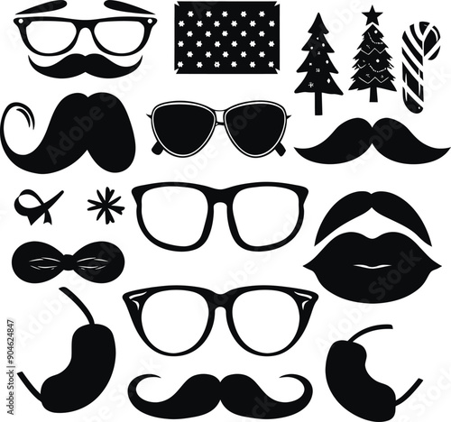 Festive Silhouette Icons: Mustache, Glasses, Lips