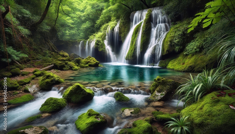 Fototapeta premium Lush Green Waterfall in Tranquil Forest - Nature Photography