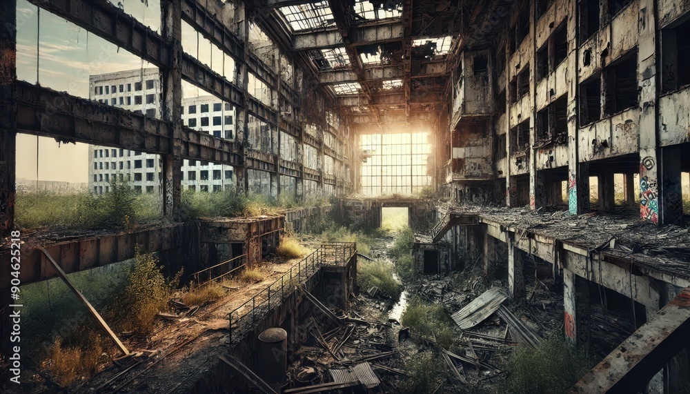 Abandoned Industrial Building Overgrown With Vegetation - Sunlit Interior Abandoned Industrial Building Overgrown With Vegetation - Sunlit Interior