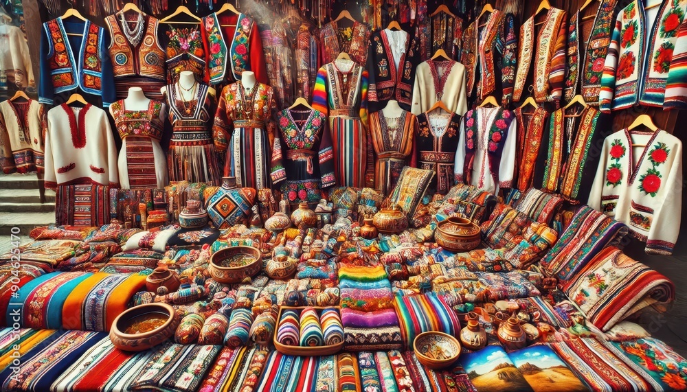 Obraz premium Colorful Traditional Ukrainian Folk Clothing and Pottery for Sale at a Market Stall