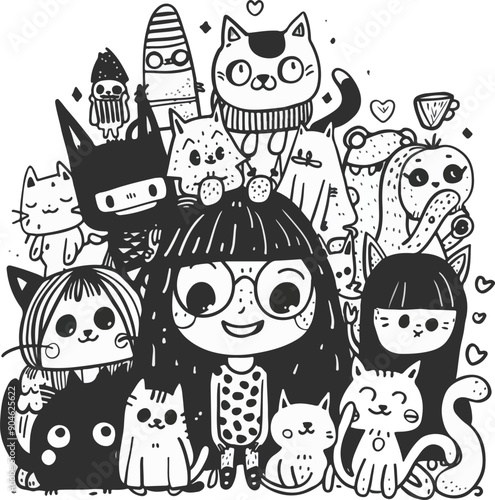 Photography Girl and Cats Doodle Art