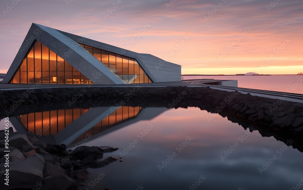 Fototapeta premium Modern Building with Water Reflection