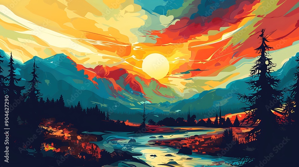 Fototapeta premium Mountain Sunset With River And Trees