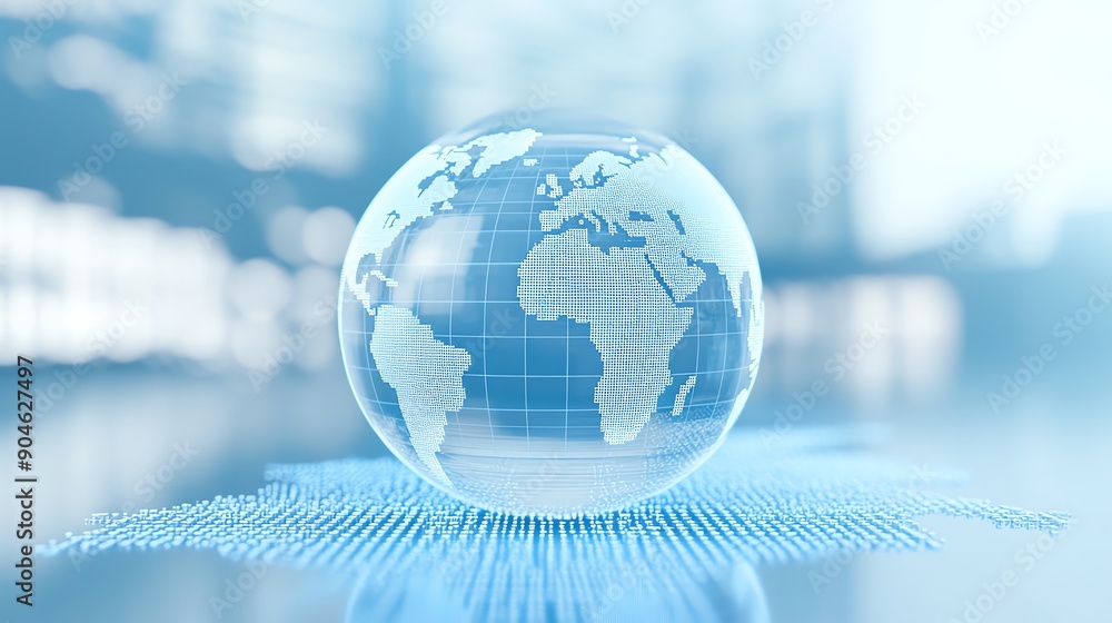 Digital representation of Earth, a glowing blue globe with grid lines, symbolizing global connectivity and technological advancement in a modern environment. Digital representation of Earth, a glowing blue globe with grid lines, symbolizing global connectivity and technological advancement in a modern environment.