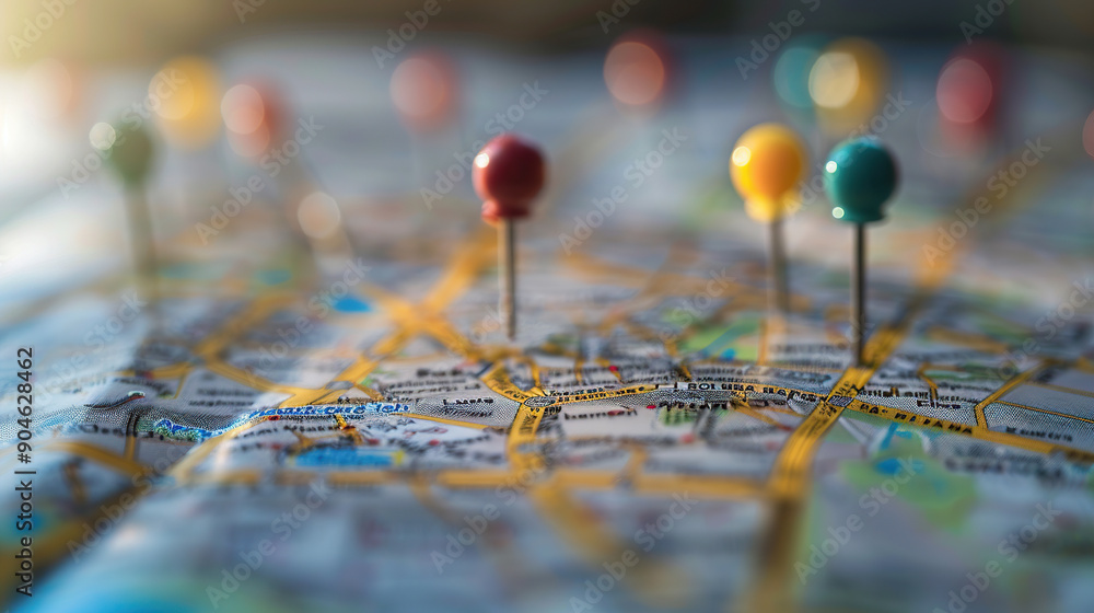 A map with pins showing the location of different cities A map with pins showing the location of different cities