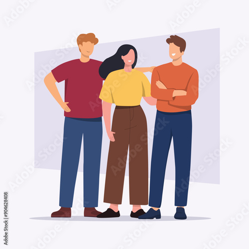 Three young friends happy. Colleagues winners rejoicing. Flat vector illustration.