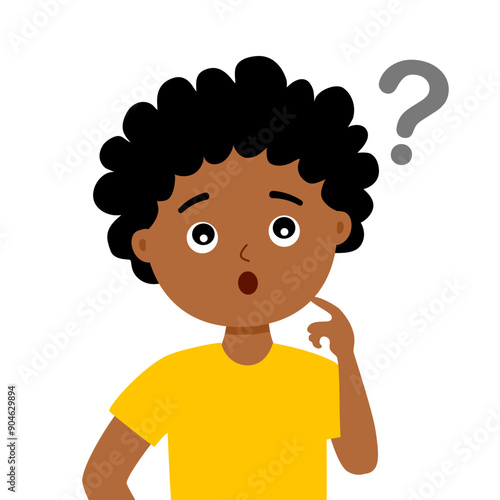 Cute black kid thinking about something. Boy child finding answer with question mark.