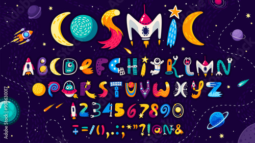 Cartoon space font for universe type or galaxy typeface, vector English alphabet letters. Kids cartoon space font or galaxy typeset with alien UFO, spaceman astronaut, rocket spaceship in cartoon type