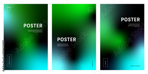 Set of three modern abstract background with turquoise and green gradient on black, ideal for social media, web banner, poster, flyer
