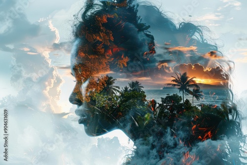 Double exposure of an isolated tribe, ferocious expressions merging with an island landscape, ultrarealistic, highdetail, dramatic lighting, vibrant colors, stunning visual depth