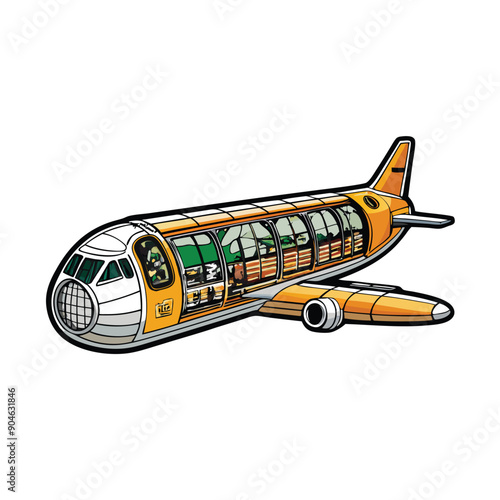 A vector illustration of a cartoon aircraft fuselage, cut open to reveal the interior.