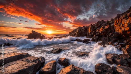 dramatic sunset over a rocky shoreline, with waves crashing against the rocks and the sky ablaze with color