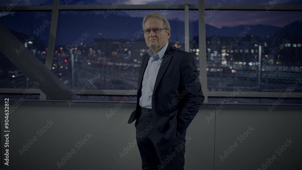 Business professional exuding confidence and determination in urban setting at night Business professional exuding confidence and determination in urban setting at night