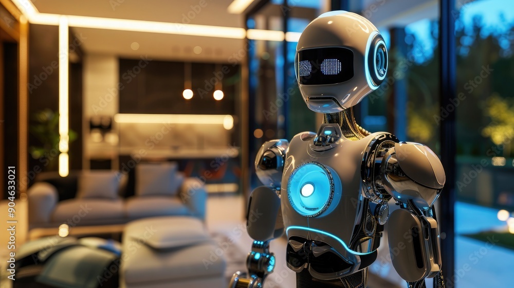 An advanced robotic assistant optimizing energy use in a high-tech smart home. An advanced robotic assistant optimizing energy use in a high-tech smart home.