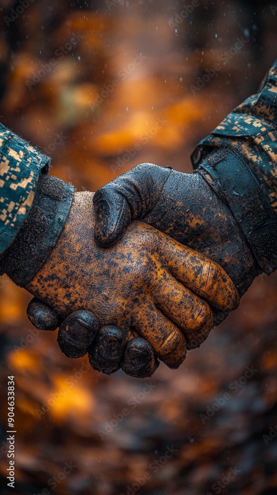 Poster Design 1: Deep Bonds of Battle Scene: A close-up shot focusing on the faces and handshake of two soldiers, with a blurred background to highlight their determined expressions and mutual Poster Design 1: Deep Bonds of Battle Scene: A close-up shot focusing on the faces and handshake of two soldiers, with a blurred background to highlight their determined expressions and mutual