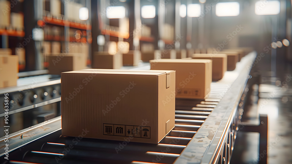 Closeup of multiple cardboard box packages seamlessly moving along a conveyor belt in a warehouse fulfillment center, a snapshot of e-commerce, delivery, automation, and products. Closeup of multiple cardboard box packages seamlessly moving along a conveyor belt in a warehouse fulfillment center, a snapshot of e-commerce, delivery, automation, and products.
