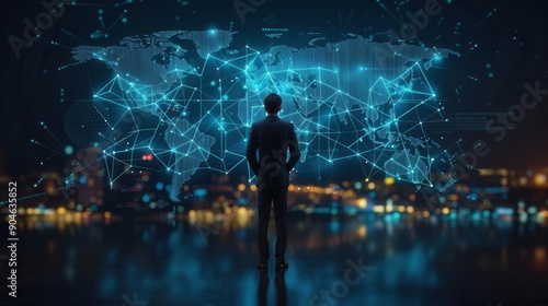 A silhouette of a man gazing at a digital world map, symbolizing technology, connectivity, and global communication.