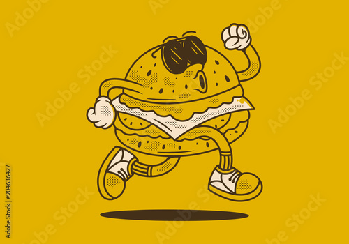 Retro mascot character illustration of jumping burger