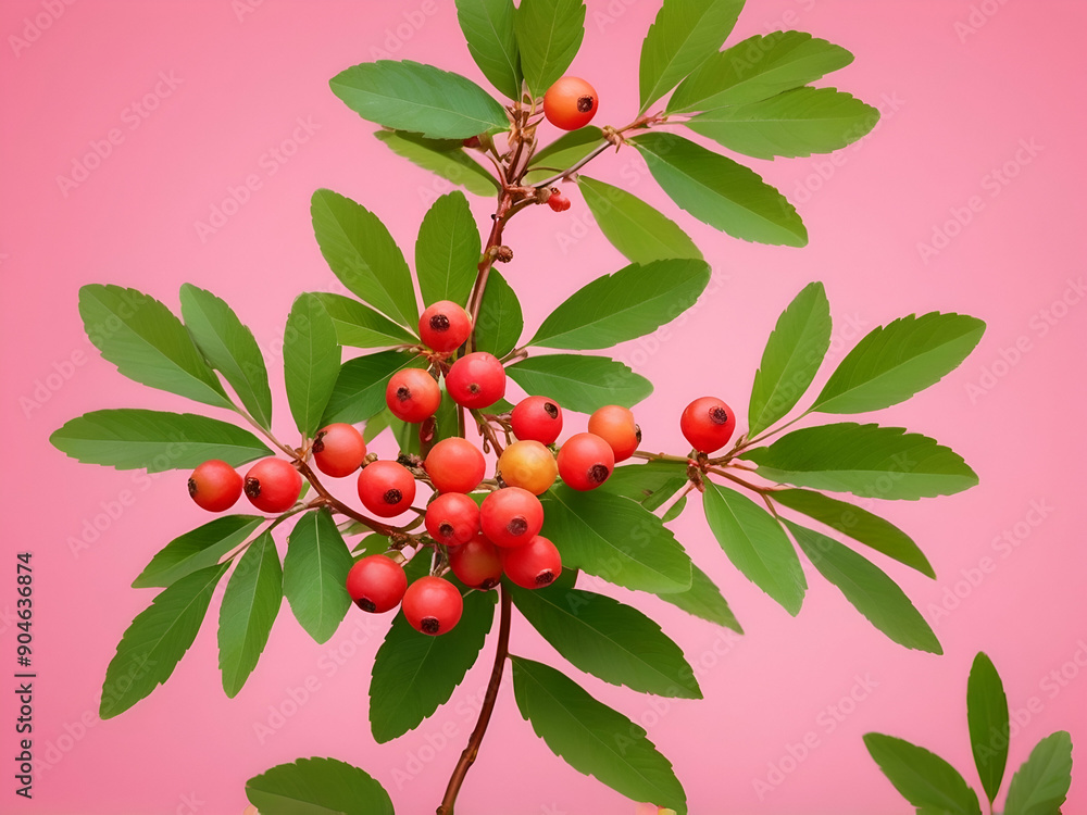 abstract glow Rowanberries green leaves pink background abstract glow Rowanberries green leaves pink background