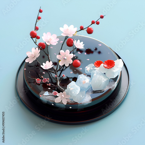 Chinese new year elements and blossom on top of a real round chocolate cake is a miniature view of isometric view a chocolate cake White crystal ice pattern it is as charming as Chiense paper-cut photo