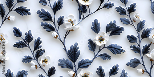Seamless 3D White Spring Cherry Blossom Autumn Blue Leaves and Flowers With Branches on a Light Background. Abstract Floral 3D Landscape Wall Sticker. HD Seamless Wallpaper