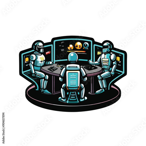 A vector illustration of three robots working together in a futuristic workspace.