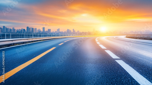 A road with a city in the background and a sun in the sky