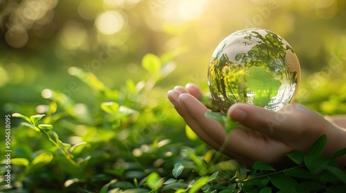 Hand Holding Glass Globe with Green Leaves, Representing Environmental Protection and Sustainability, Sunlit Background Highlighting Nature and Conservation. Copy Space