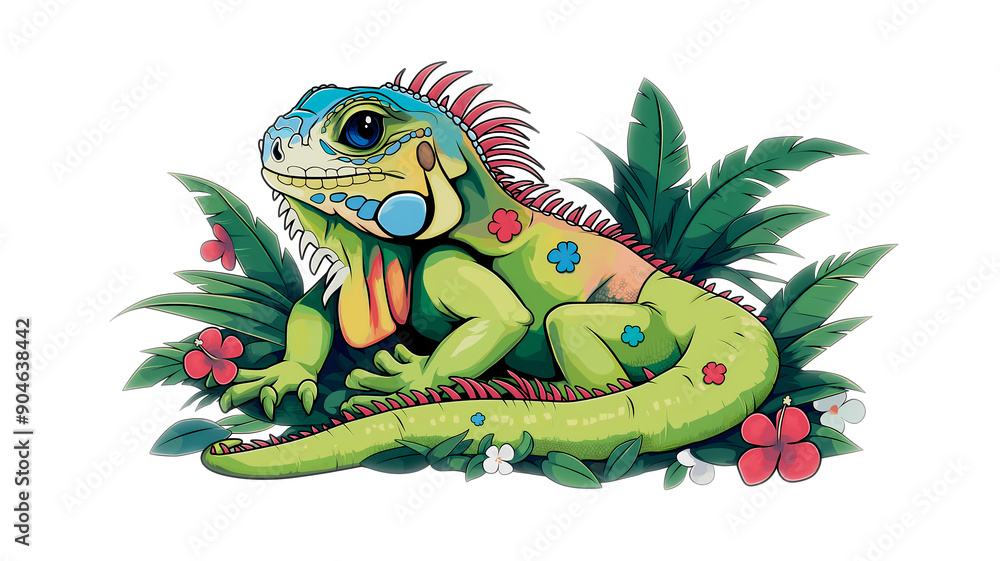 Naklejka premium Drawing of a colorful iguana looking like a gentle dragon for a children's book illustration, on a white background. Transparent image png