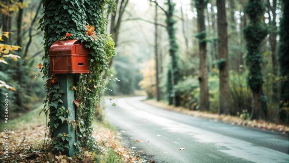 Dark red mailbox covered with alternating green, orange, and yellow vines climbing up the post to the old dark red mailbox in the countryside, located on a rural road, with big trees with thick green Dark red mailbox covered with alternating green, orange, and yellow vines climbing up the post to the old dark red mailbox in the countryside, located on a rural road, with big trees with thick green