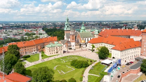 Aerial summer day view of The Wawel Royal Castle, a residency located in central Krakow. Wawel Royal Castle and the Wawel Hill constitute the most historically and culturally important site in Poland. photo