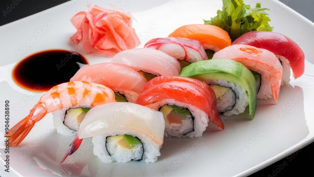 Elegant Japanese Sushi Served on a Pristine White Plate Elegant Japanese Sushi Served on a Pristine White Plate