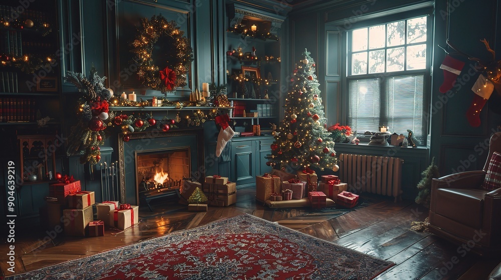 Cozy Christmas Living Room: A warm and inviting Christmas living room with a roaring fireplace, a beautifully decorated Christmas tree, and a scattering of wrapped presents. The perfect backdrop for c Cozy Christmas Living Room: A warm and inviting Christmas living room with a roaring fireplace, a beautifully decorated Christmas tree, and a scattering of wrapped presents. The perfect backdrop for c