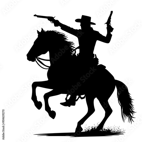 Silhouette wild west cowboy riding a horse while shooting  a gun