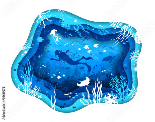 Scuba diver at paper cut underwater landscape. 3d vector sea and ocean bottom papercut frame with human figure silhouette diving or swimming amidst fishes and reefs with sunken ship on the background