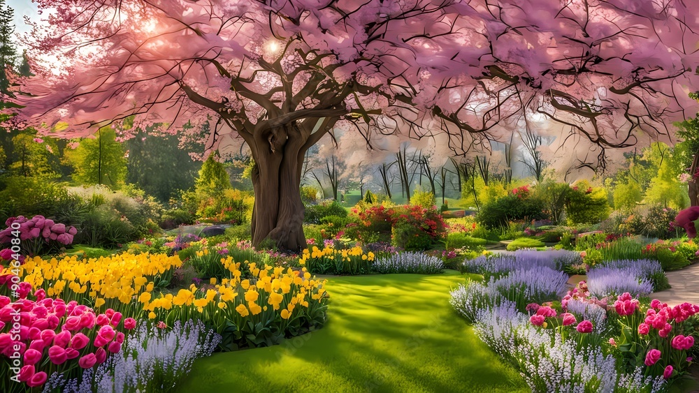 beautiful spring garden in full bloom, with a variety of colorful flowers and blossoming trees beautiful spring garden in full bloom, with a variety of colorful flowers and blossoming trees