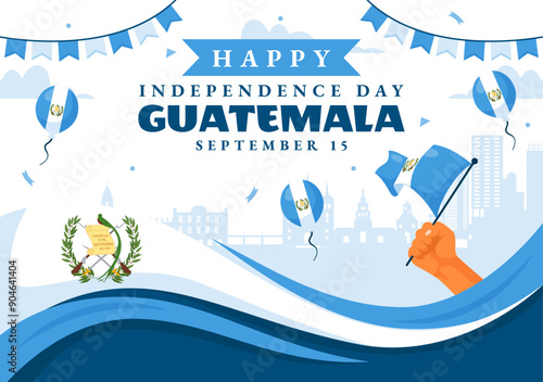 Happy Guatemala Independence Day Vector Illustration for September 15 with a Waving Flag and Ribbon in a Flat Style Cartoon Background