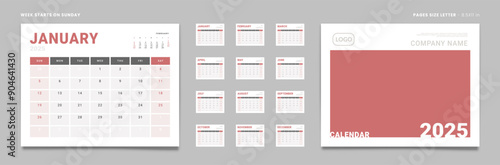 Set of 2025 Pages Monthly Calendar Planner Templates, Cover with Place for Photo, Company Logo. Vector pages for wall or desk calendar. Page size Letter -8.5x11 in for Print. Week start Sunday