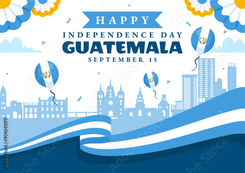 Happy Guatemala Independence Day Vector Illustration for September 15 with a Waving Flag and Ribbon in a Flat Style Cartoon Background