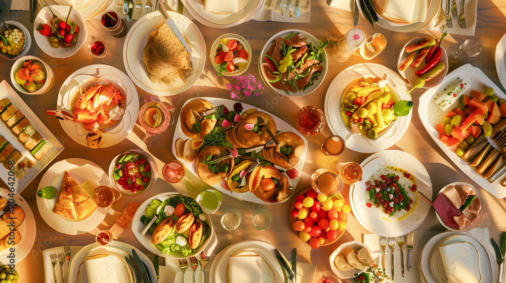 Full table of delicious Dinner party table European foods and drinks from top view, Happy dining time, buffet food dishes background Full table of delicious Dinner party table European foods and drinks from top view, Happy dining time, buffet food dishes background