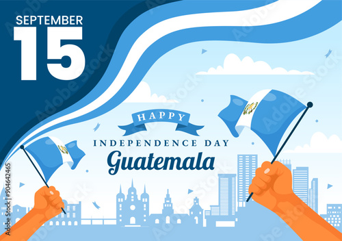 Happy Guatemala Independence Day Vector Illustration for September 15 with a Waving Flag and Ribbon in a Flat Style Cartoon Background