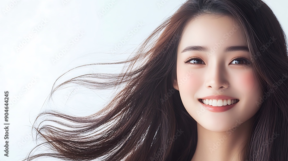 Radiant Young Woman with Long Flowing Hair and a Bright Smile Captured in Soft Natural Light Radiant Young Woman with Long Flowing Hair and a Bright Smile Captured in Soft Natural Light